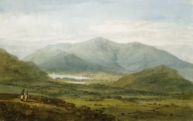 Skiddaw depuis la vallée de Newlands, lac Bassenthwaite au loin